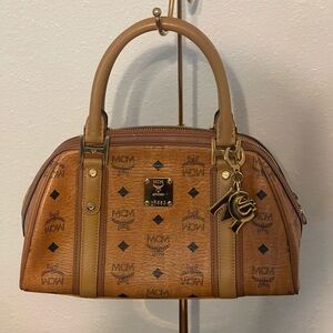 MCM Visetos Cognac Leather Satchel Bag with charm